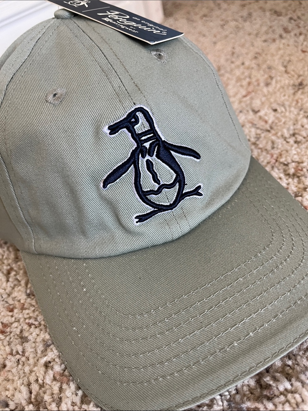 Original Penguin Sage Green Navy Blue White Embroidered Penguin Cap